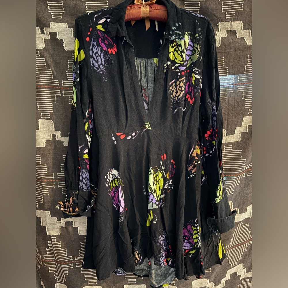 Free People Black Tunic with Vibrant Butterfly Print
